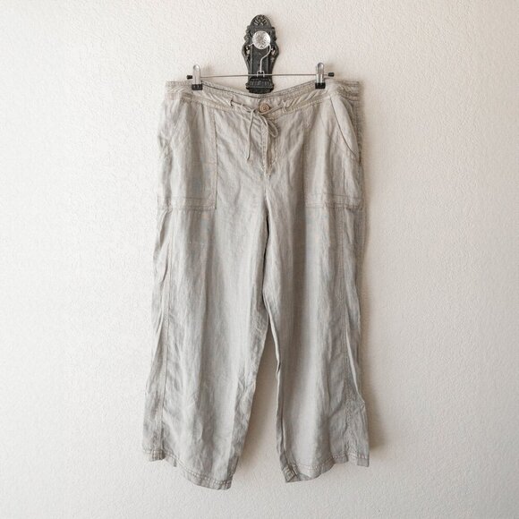 Blue Earth Pants Sz 12 Tan 100% Linen Cargo Utility Roll Tab Cropped Beachcomber - Picture 2 of 8